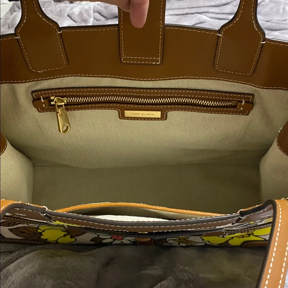 Tory Burch Brown Leather Trim Floral Tote with Yellow, White & Black Accents